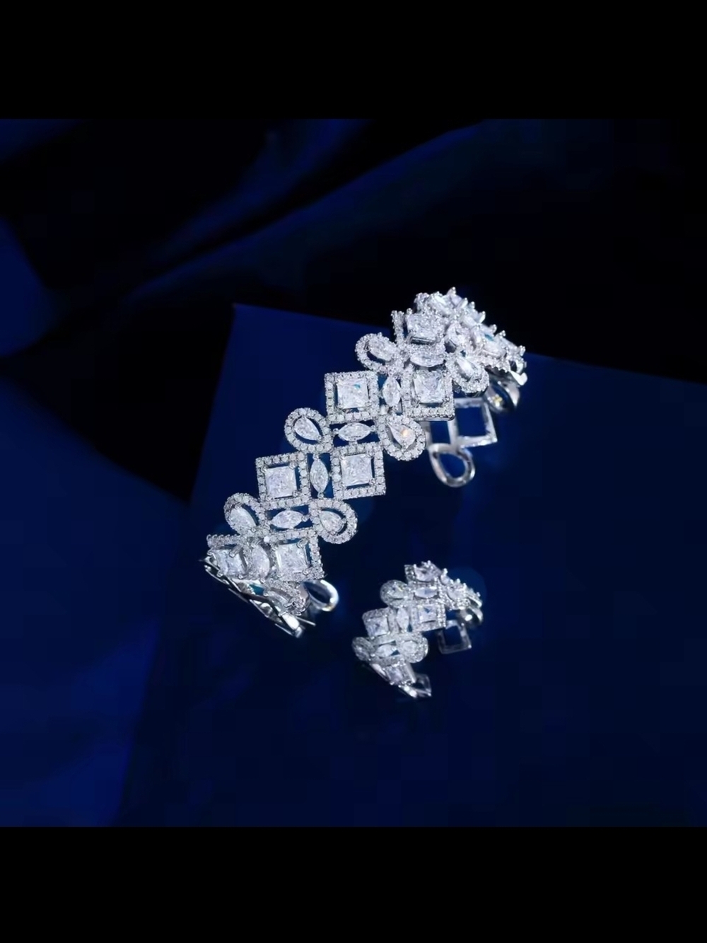 Diamond-Style Silver CZ Floral Bracelet and Ring Set - Picture 4 of 6